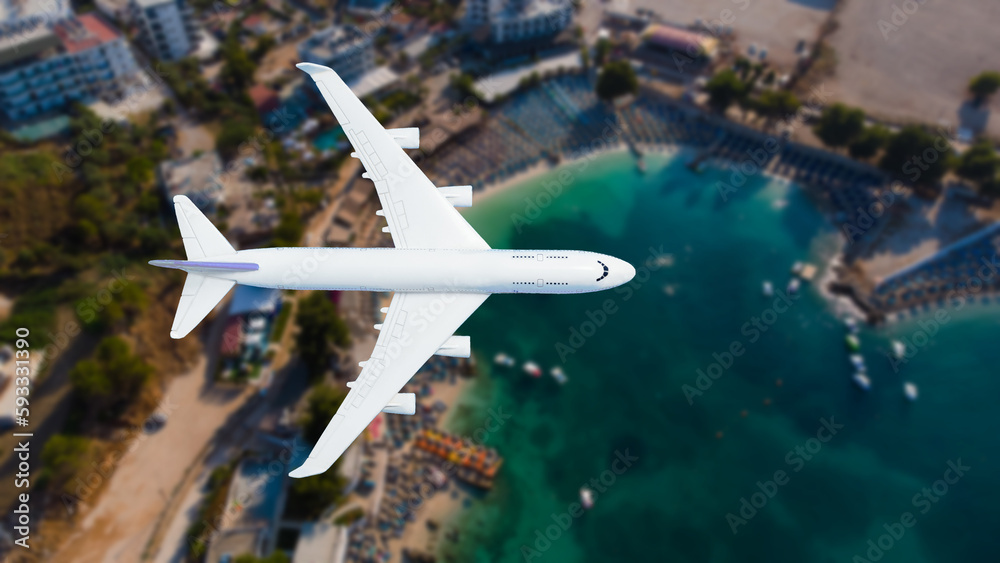 Fototapeta premium Airplane flying over beach with palm tree, white sand and turquoise ocean