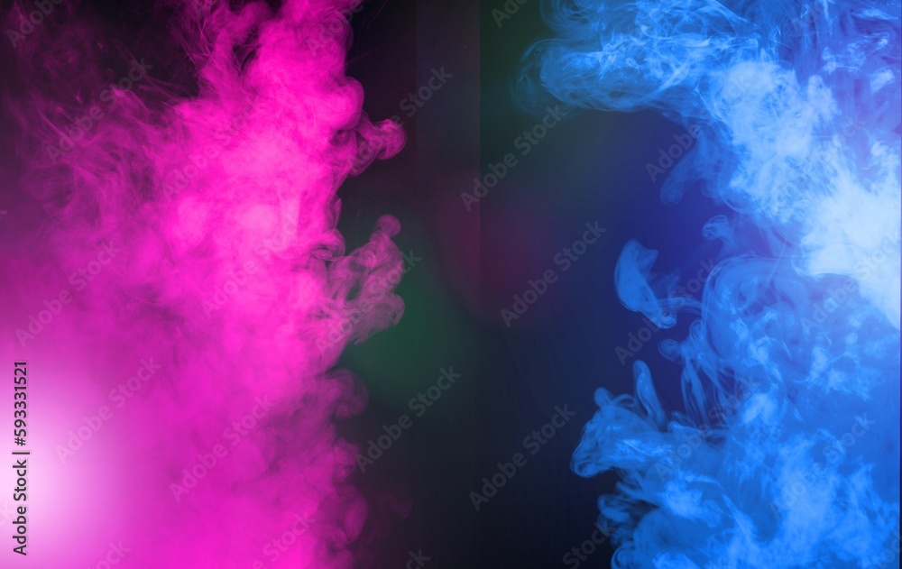 Colorful smoke wave clouds in light on dark background