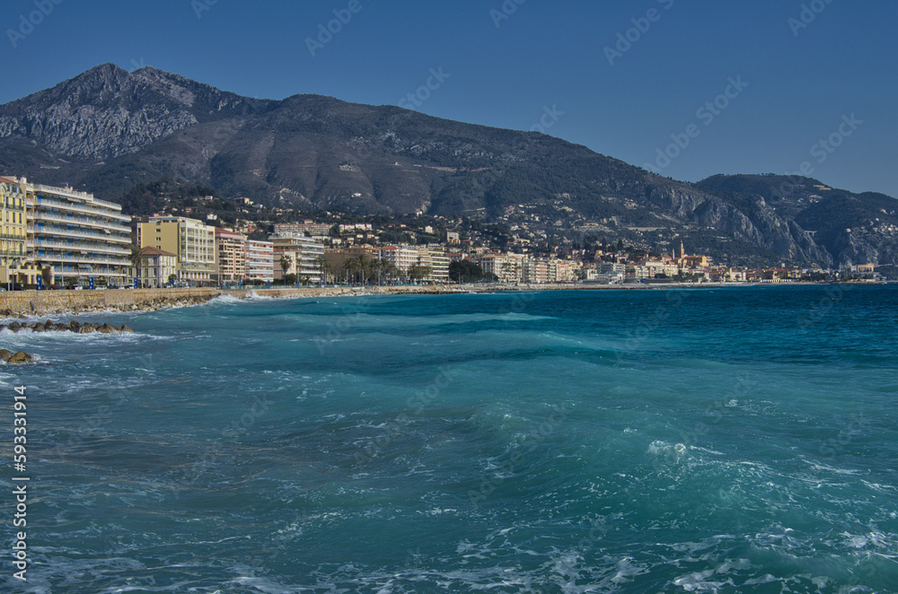 Waves on the beach of Menton, France