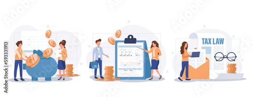 Financial or business profession set. Business character making financial operation. Economist, financier, broker, accountant, trader, tax inspector, commercial director. Vector illustration