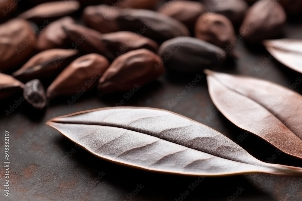 macro images of black leaf shu pu erh tea with cocoa beans that has been infused with chocolate. Generative AI macro images of black leaf shu pu erh tea with cocoa beans that has been infused with chocolate. Generative AI