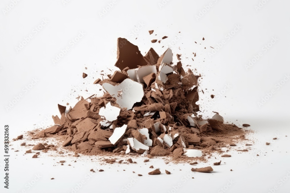 An explosion of broken pieces of chocolate on a white backdrop. Generative AI
