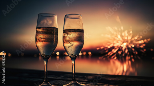 two glasses of champagne against sunset