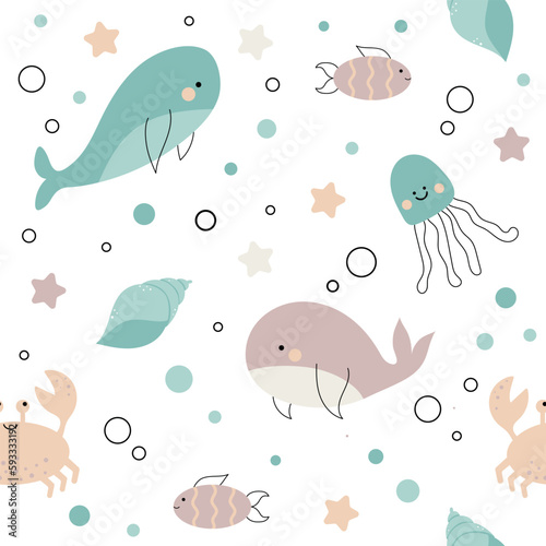 Vector hand drawn colorful childish seamless pattern simple flat pattern with whale, fish, crab and jellyfish on white background. Cute baby animals. Pattern for children with sea animals. Sea. Ocean.