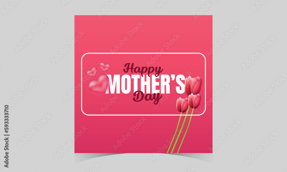 Happy Mother's Day social media post template. Mother's Day social media banner. Mom Day greeting card. Happy Mother Love sign with heart and flowers. flying pink paper hearts. mom love background