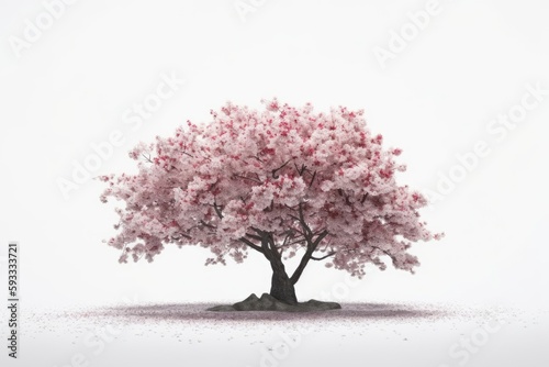 An lonely pink-blooming sakura tree stands out against a white backdrop. Generative AI
