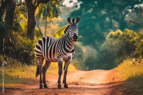 At a broad perspective  a zebra is shown standing on the ground. Generative AI