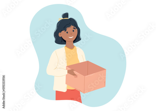 Cartoon Young African American Girl Holding an Empty Cardboard Box. Vector Flat illustration of a smiling child.