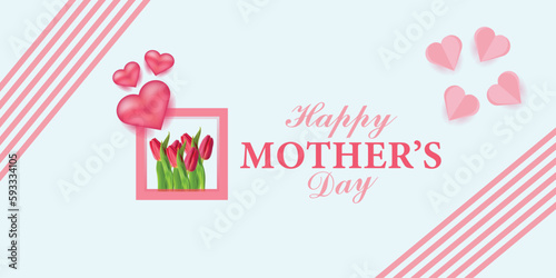 Happy Mother's Day social media post template. Mother's Day social media banner. Mom Day greeting card. Happy Mother Love sign with heart and flowers. flying pink paper hearts. mom love background