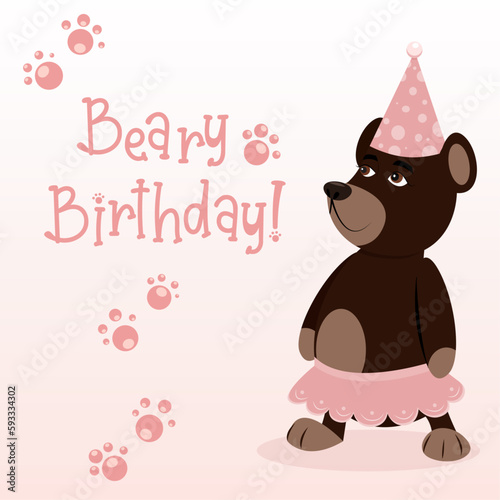 Beary Birthday card invitation vector illustration of a birthday bear in a tutu and party hat