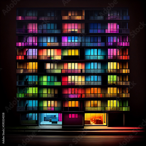 Night colorful windows lights of apartment building in city. AI generative.