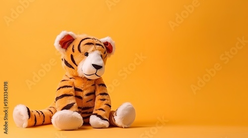 Tiger plush toy isolated on orange background with copy space for text. Generative ai tiger toy