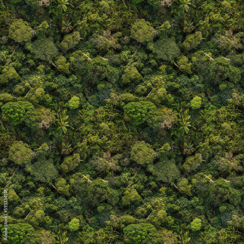 Aerial top view of lush jungle vegetation and palm trees. AI generative illustration.