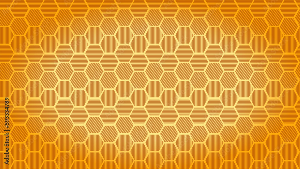 Beehive background. Gold, Yellow and Orange. Honeycomb, hexagonal cells pattern. Bee hives. Honeycomb grid. Hexagons on golden background