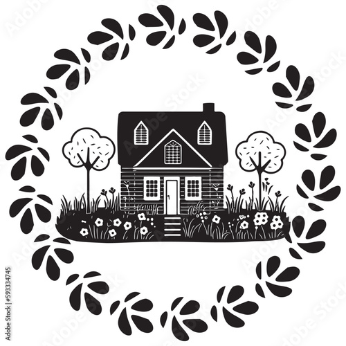 Cute rustic cottage motif in vintage style frame. Vector illustration of whimsical rural country house. 