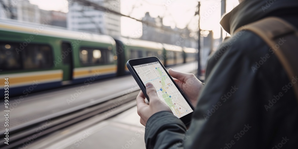 A commuter using a smartphone to navigate public transportation, displayed against an urban, well-informed background, concept of Smart mobility, created with Generative AI technology