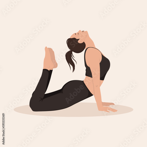 Young woman perfoming yoga exercise Bow Pose and demonstrating yoga asana on light background. Flat vector illustration