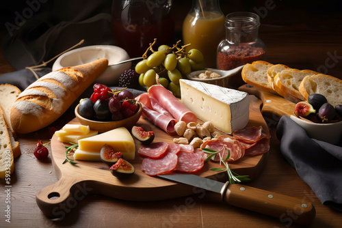 Italian appetizer prosciutto and cheeses served on a wooden board platter with figs and grape. Generative AI illustration photo