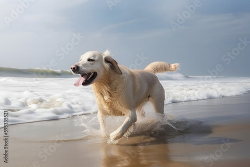 Dog playing on beach, Generative AI © Kenishirotie