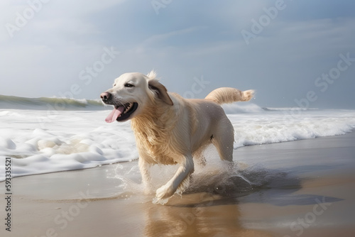 Dog playing on beach, Generative AI