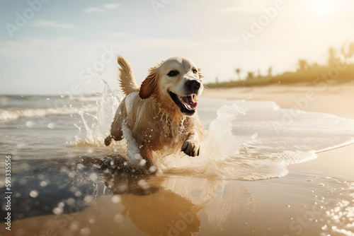 Dog playing on beach, Generative AI