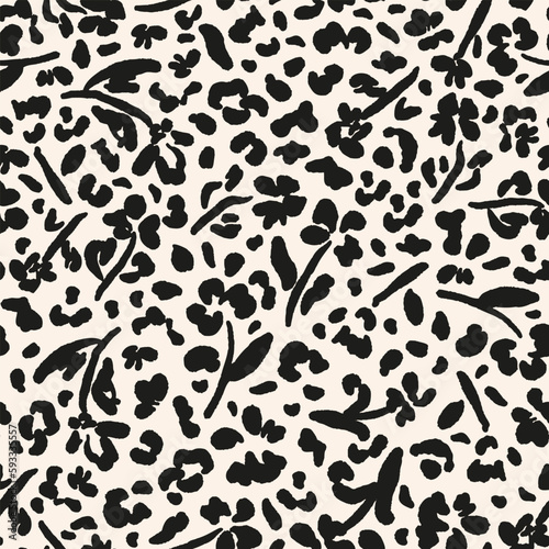 Monochrome animal and flower seamless repeat pattern. Random placed, vector exotic botany all over surface print.