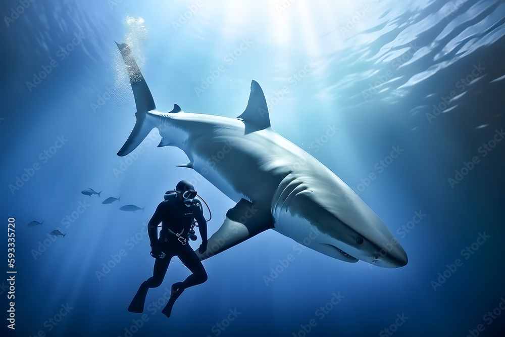 Obraz premium Scuba diver underwater with shark, Generative AI