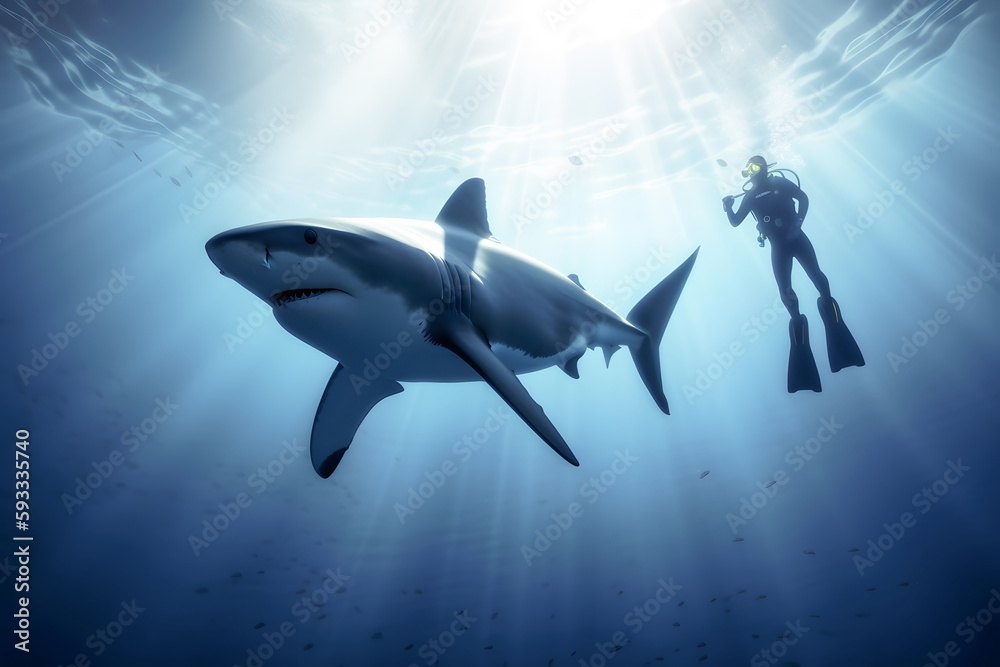Fototapeta premium Scuba diver underwater with shark, Generative AI