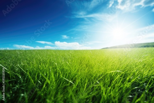 Background of a summery scene including a green field of grass, a blue sky, and a strong sun. Generative AI