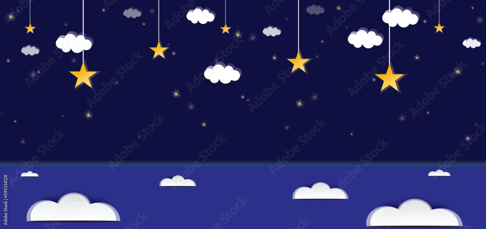 Night sky landscape with blue backdrop, clouds and stars. good night sweet dreams card. Vector illustration. Night sky landscape with blue backdrop, clouds and stars. good night sweet dreams card. Vector illustration.