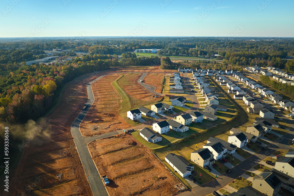 View from above of densely built residential houses under construction