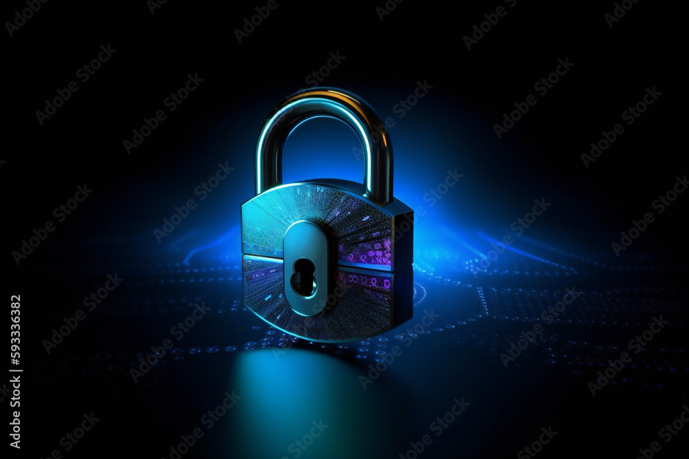 Metallic padlock floating the the cyberspace. IT security and cybercrime - created using Generative AI Metallic padlock floating the the cyberspace. IT security and cybercrime - created using Generative AI