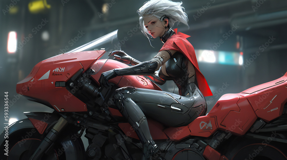 Anime manga style cyberpunk silver haired female riding a red motorcycle