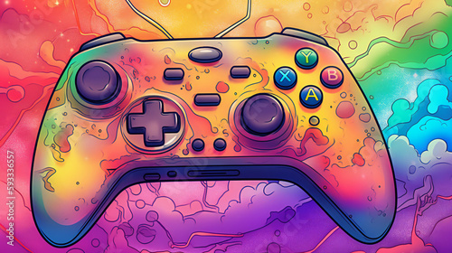 Rainbow colored video game controller. LMBTQ gaming illustration - created using Generative AI photo