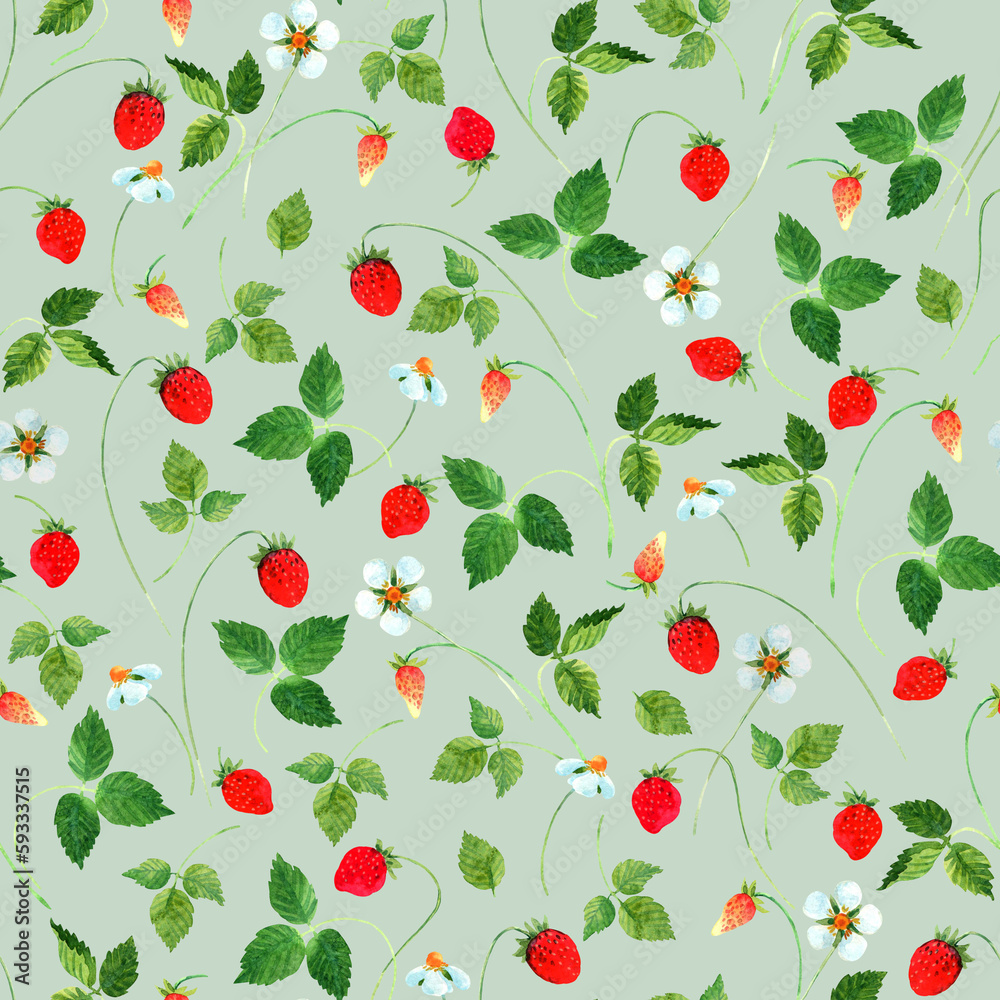 Watercolor wild strawberries seamless pattern. Summer delicious sweet berries harvest tile. Hand drawn eating, botanical background. Repeatable texture, wrapping paper, wallpaper, fabric, textile