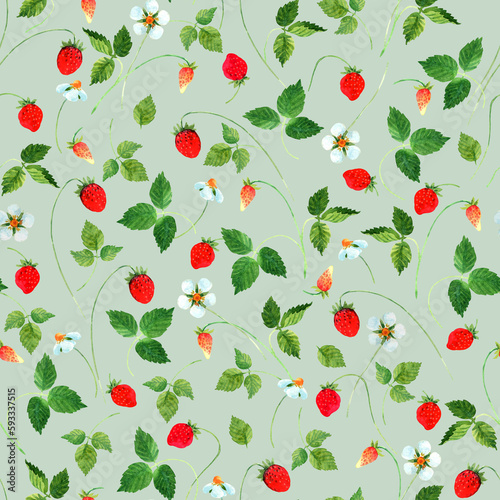 Watercolor wild strawberries seamless pattern. Summer delicious sweet berries harvest tile. Hand drawn eating, botanical background. Repeatable texture, wrapping paper, wallpaper, fabric, textile