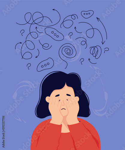 Lonely woman in depression and despair covers her face with palms. Mental disorder, search for answers and concept of confusion. Girl is trying to solve difficult problems. Flat vector illustration.