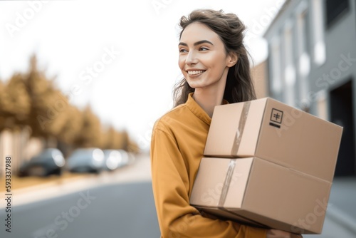 Obraz na plátně Happy delivery woman carrying boxes, a cheerful female courier holding packages,