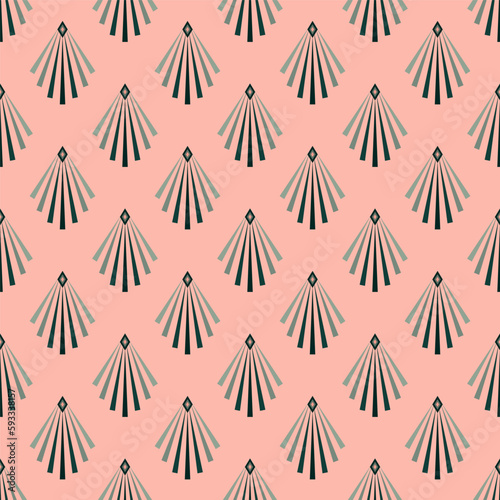 Seamless pattern in Art Deco style. Green Triangles and Rhombuses on coral background. Vector illustration