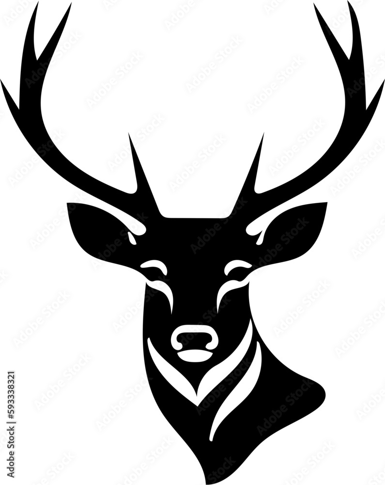 Naklejka premium Deer head mascot logo in black and white color, vector drawing, silhouette illustration 