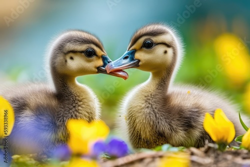 Lovely yellow ducklings against a pink and blue flower background. Generative AI