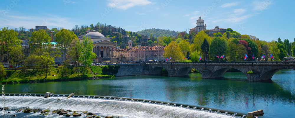 Torino city skyline with the view of Parish Church of the Gran Madre di