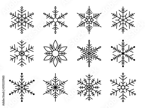 Snowflake for snow design. Black silhouette snowflakes isolated on white background. Freeze symbol. Snow flake icon. Ice crystal graphic. Clipart for winter prints. Simple shape. Vector illustration