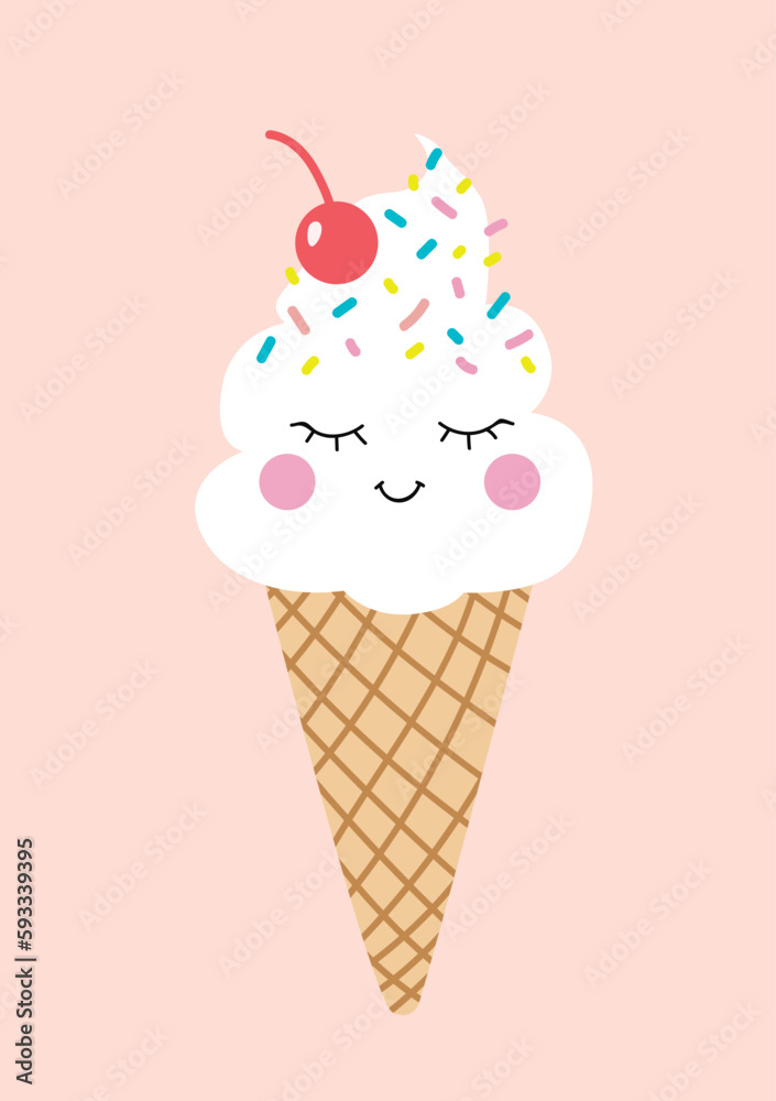 Cute waffle cone ice cream with face and cherry on top. Cute waffle cone ice cream with face and cherry on top.