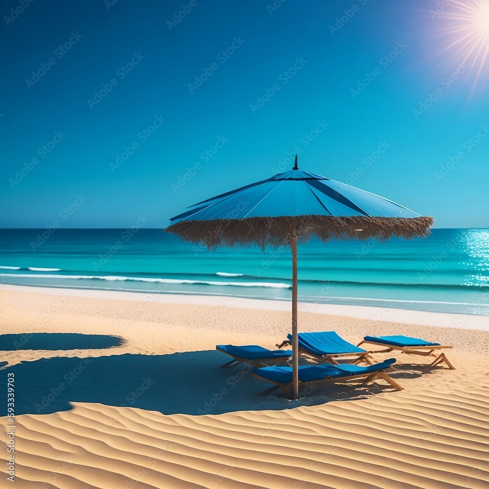 A sandy beach with crystal clear waters and a bright blue sky in the background. Sun umbrellas and beach chairs dot the shore
Generative AI A sandy beach with crystal clear waters and a bright blue sky in the background. Sun umbrellas and beach chairs dot the shore
Generative AI