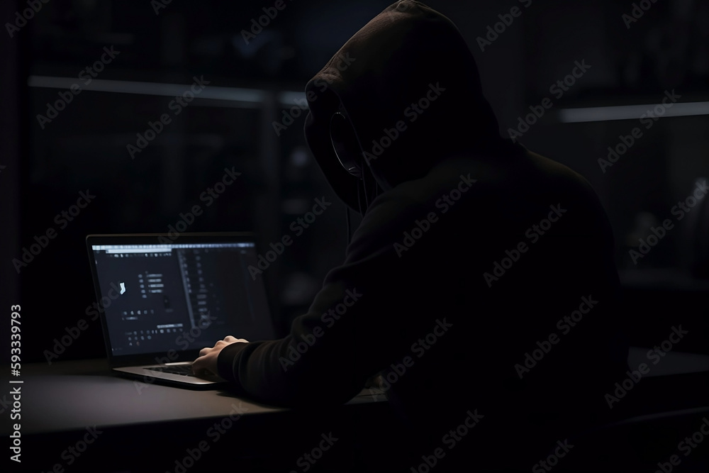 Hoodie Hacker at Work. Computer Hacking on Blur Background with Online Monitor Hoodie Hacker at Work. Computer Hacking on Blur Background with Online Monitor