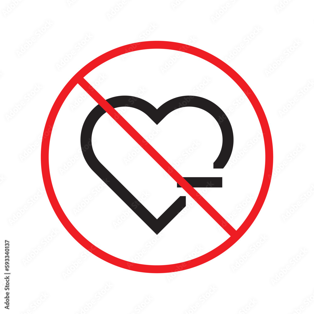 No heart vector icon. Forbidden heart flat sign design. Warning, caution, attention, restriction, danger attention laben ban. No love symbol pictogram No heart vector icon. Forbidden heart flat sign design. Warning, caution, attention, restriction, danger attention laben ban. No love symbol pictogram
