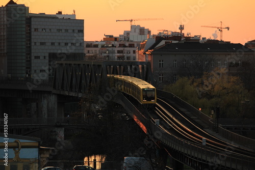 Subway train crossing a bridge