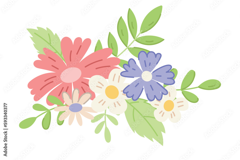 Bundle of Flat Field Flowers and Leaves on twigs. Vector isolated Bouquet of cartoon daisies and cornflowers.