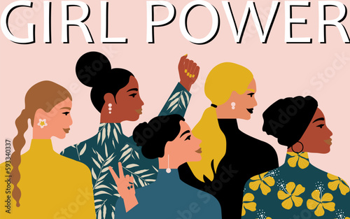 Girl power. Women of different ages, nationalities and religions come together. Pink horizontal poster with strong women. Vector.